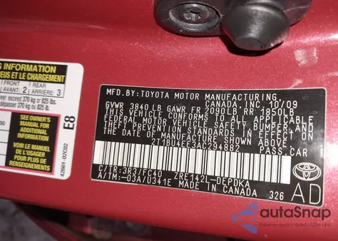 2010 Toyota Corolla Le из США, поврежденный, VIN 2T1BU4EE3AC294882